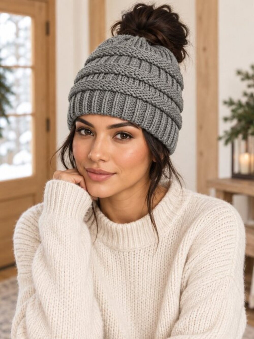 Gray Chunky Knit Messy Bun Ponytail Beanie Ribbed Winter Hat NWT
